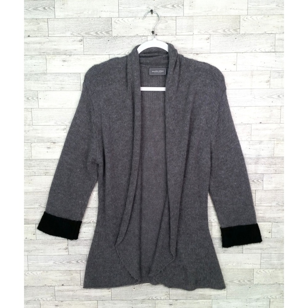 Wooden Ships Paola Buendia‎ Gray Black Mohair Wool Open Sweater Cardigan Top M/L